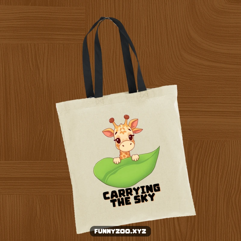 Funny Giraffe Tote Bag giggling and peeking over a giant leaf, perfect for carrying essentials with playfulness, a great funny gift.