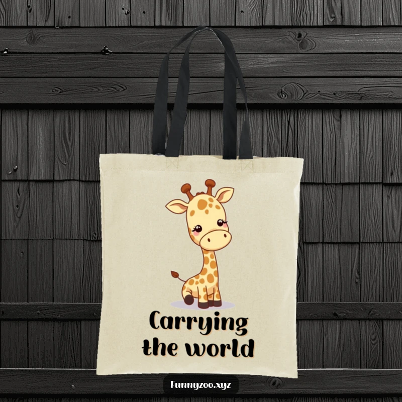 Funny giraffe tote bag, character lowering head to greet, playful and practical, ideal funny gift.