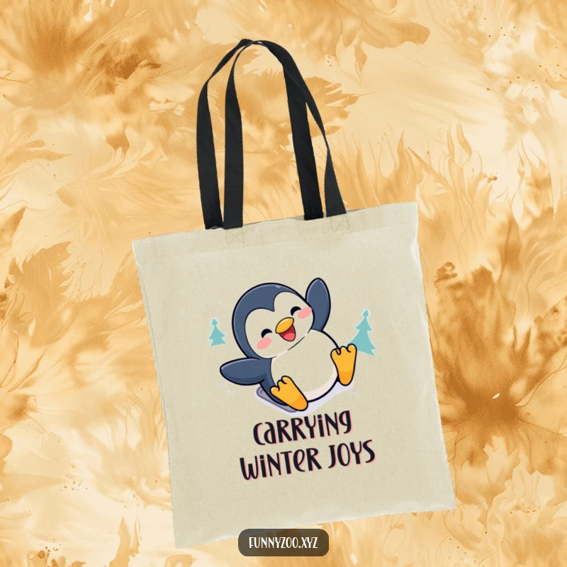 Funny penguin tote bag featuring a happy character sliding down a snowy hill with a big grin, ideal for carrying items humorously.