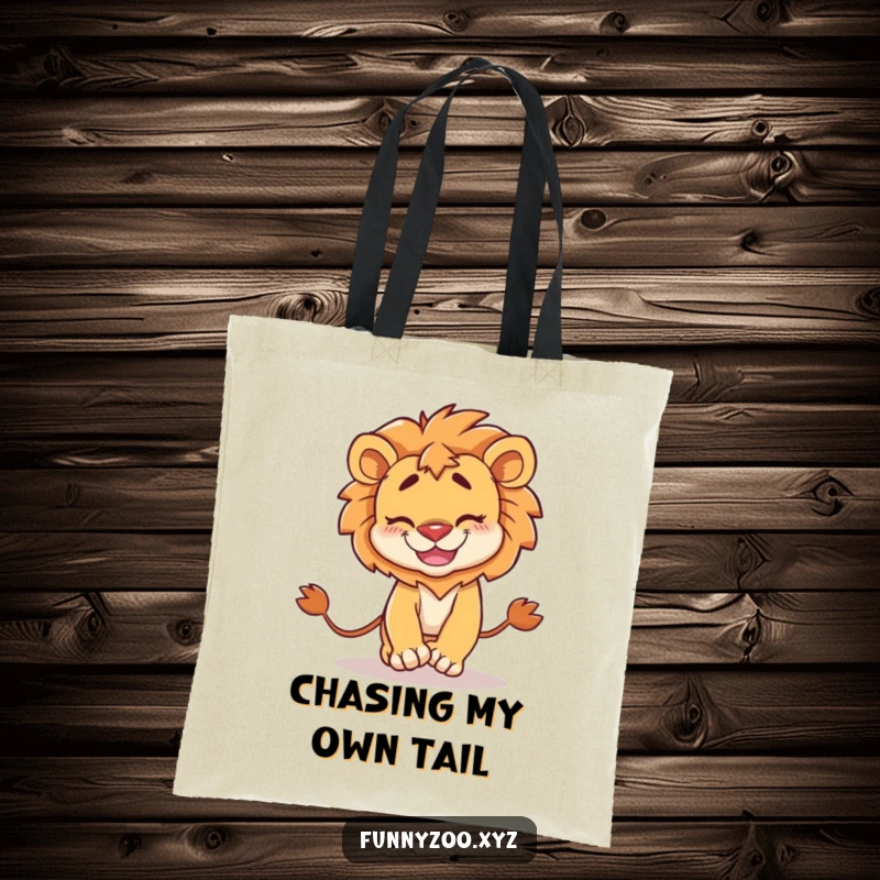 Funny Tote Bag: Sturdy canvas showcasing a goofy lion with a wide grin, comically chasing its own tail.
