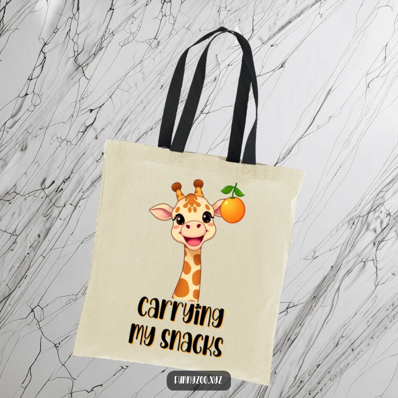 Funny tote bag featuring a cheerful giraffe with a wide grin, reaching for a dangling, colorful fruit.
