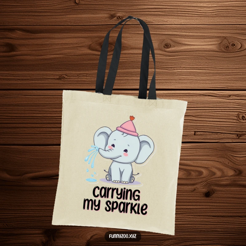 Funny Elephant Rainbow Spray Tote Bag: A tote bag with a happy elephant spraying a rainbow from its trunk, perfect for carrying items.