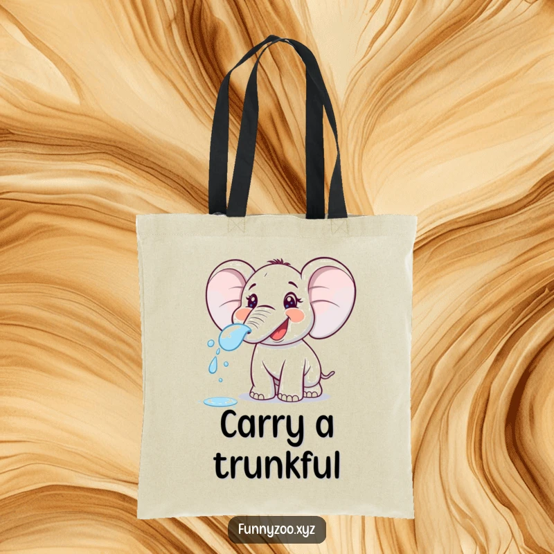 Funny cartoon elephant spraying water from its trunk on a durable tote bag. Ideal for carrying essentials with humor.