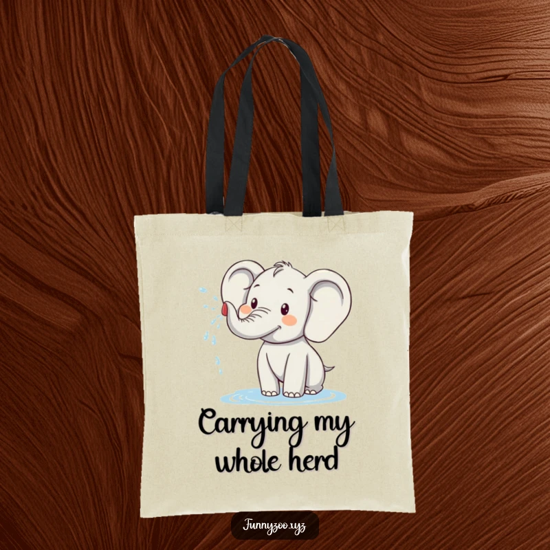 Funny elephant tote bag displaying a delightful elephant character spraying water, a practical and humorous accessory for everyday use.