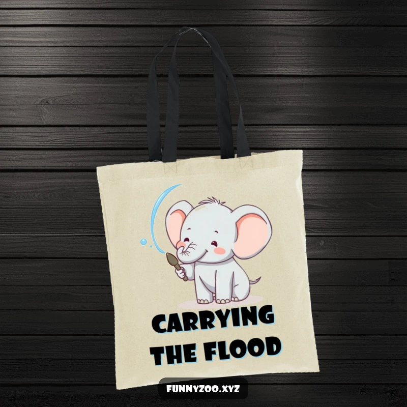 Funny elephant tote bag showing a cheerful animal joyfully spraying water, perfect for carrying fun and essentials.