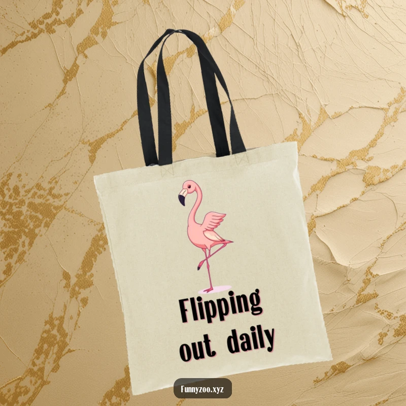 Funny tote bag illustration of a flamingo attempting a handstand with charmingly unsteady legs, a humorous accessory.