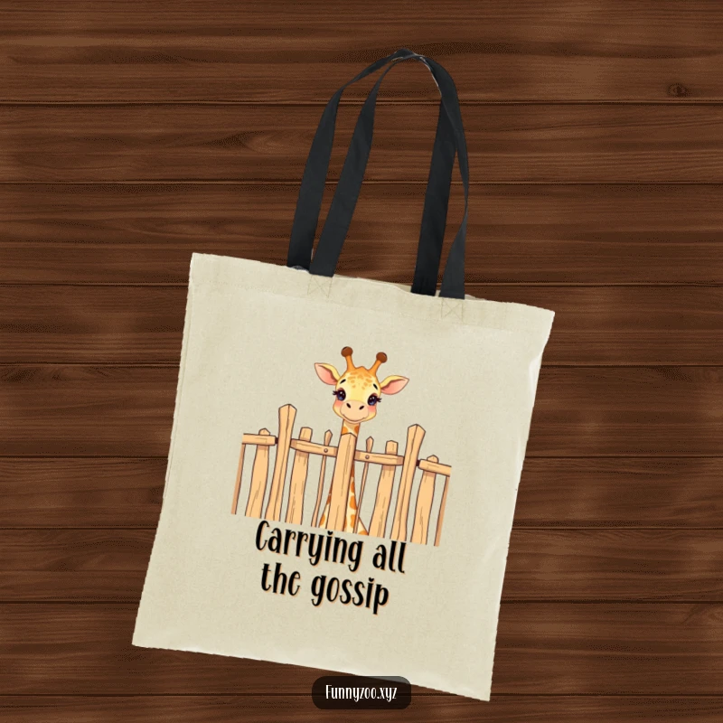 Funny tote bag with a happy giraffe's head above a high fence, illustrating curiosity and joyful peeking.