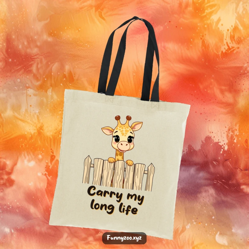 Funny Tote Bag: Cheerful giraffe peeking over a tall fence with amusement, a humorous and practical accessory.