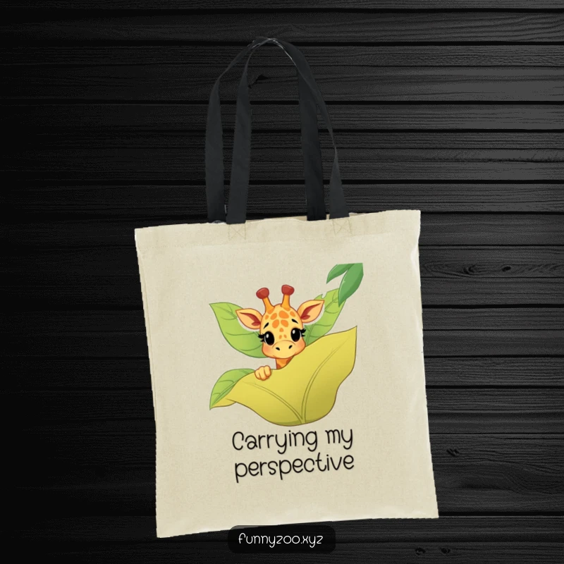 Funny giraffe tote bag featuring a happy character peeking over a stylized jungle leaf, perfect for carrying essentials.