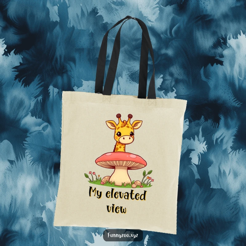 Funny Giraffe Mushroom Peek Tote Bag: A tote bag with a cheerful giraffe peeking over a mushroom, perfect for carrying items with style.