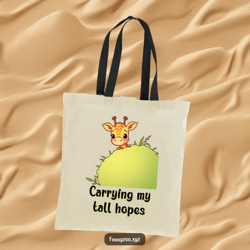 Funny giraffe peeking over a cartoon bush, a whimsical and practical tote bag for carrying humor and essentials.