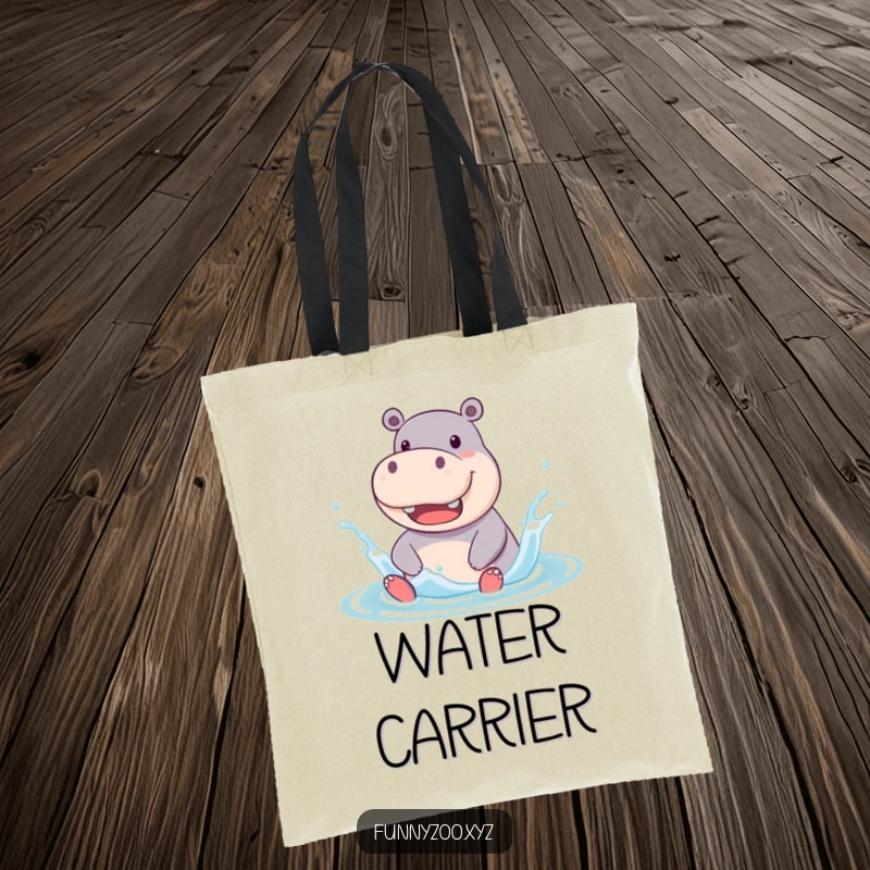 Funny Tote Bag featuring a jolly hippo character splashing enthusiastically in water, a practical and humorous accessory for carrying all your essentials.