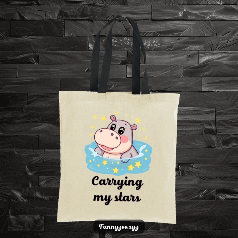 Funny hippo tote bag, big eyes, giggling splash in a star-filled pool, a delightful accessory for carrying everyday magic.