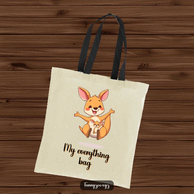 Funny Kangaroo Tote Bag: A joyful kangaroo mom mid-bounce with her joey in the pouch, perfect for stylish, happy errands.