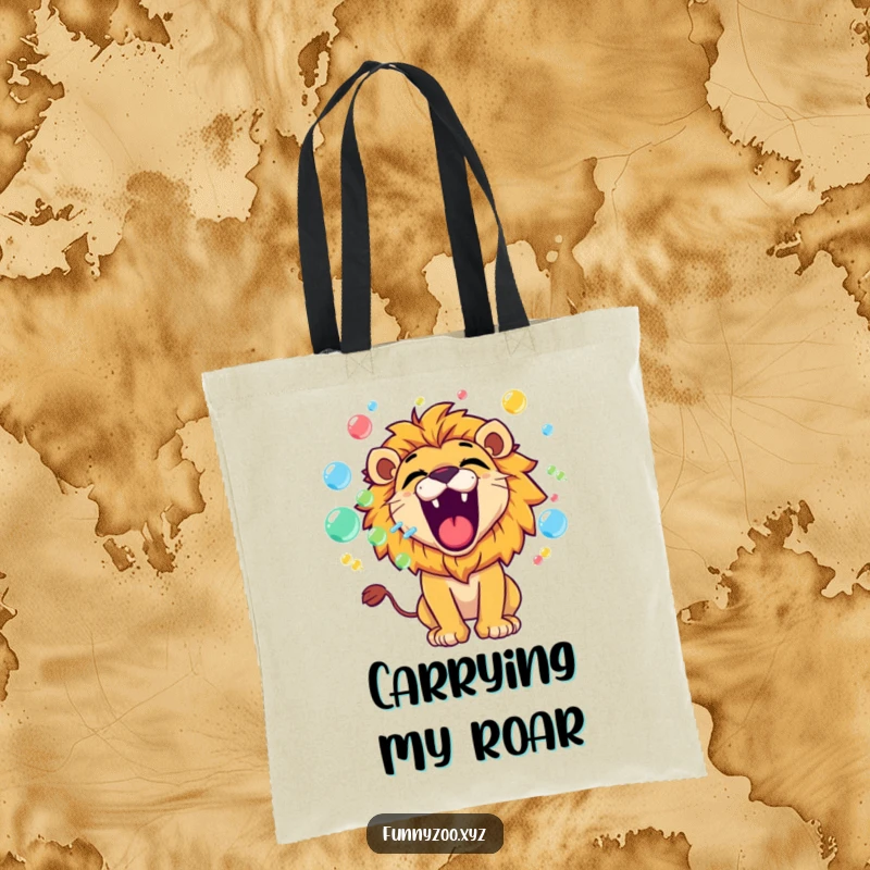 Funny lion tote bag featuring a playful character roaring and blowing colorful bubbles, ideal for carrying items with whimsical flair.
