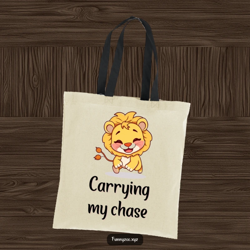 Funny Lion Chasing Tail Tote Bag: A tote bag featuring a mischievous lion chasing its tail, perfect for carrying items with a smile.