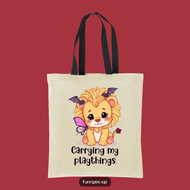 Funny Lion Cub Tote Bag: Carry Playfulness with Yarn Mane and Butterfly Fun