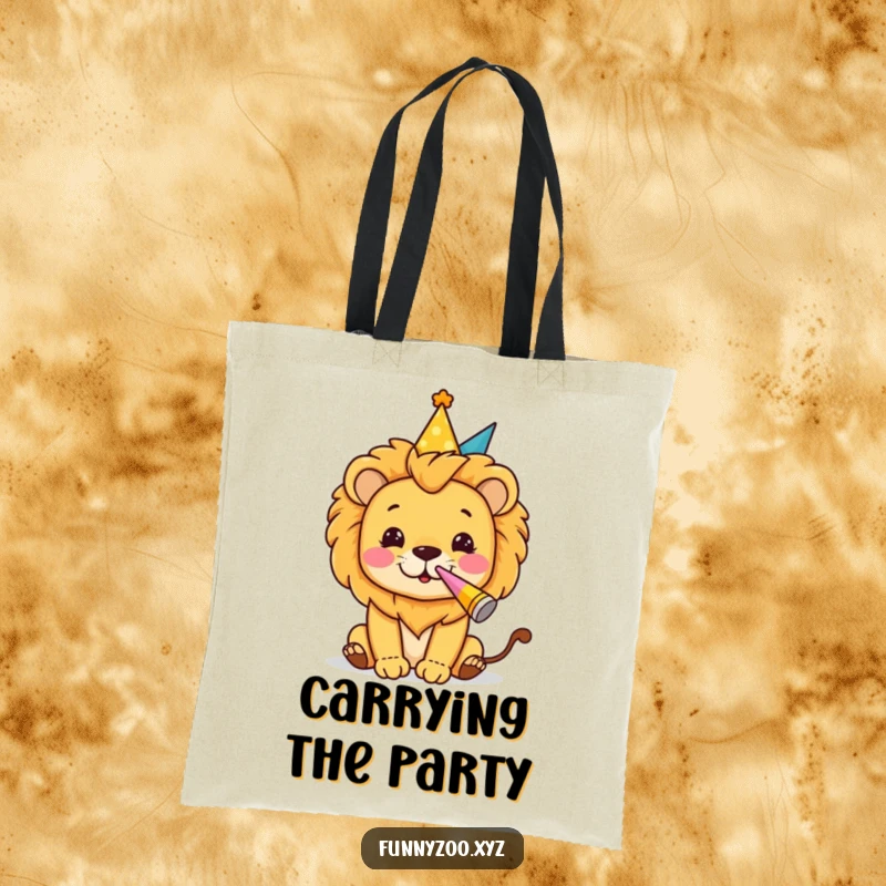 Funny tote bag featuring a lion character in a party hat blowing a party horn, ideal for party-goers and lion fans.