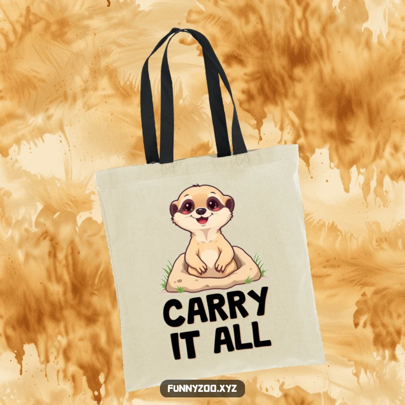 Funny Tote Bag illustrated with a happy meerkat popping out of its burrow, a practical and humorous accessory for carrying daily items.