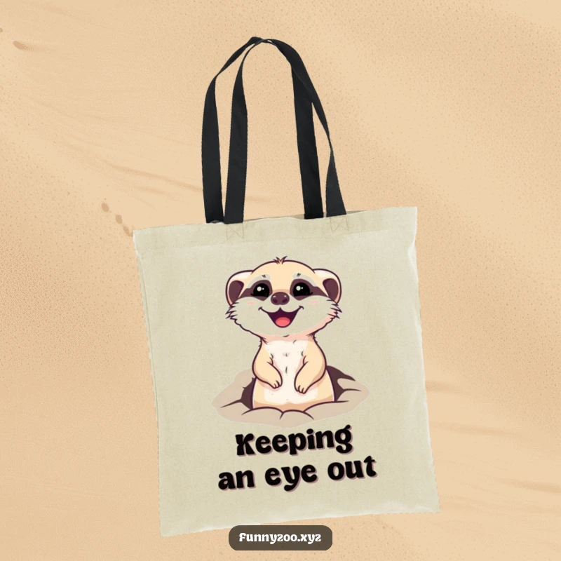 Funny tote bag featuring a happy meerkat character peeking its head out of a hole, ideal for carrying essentials with a smile.