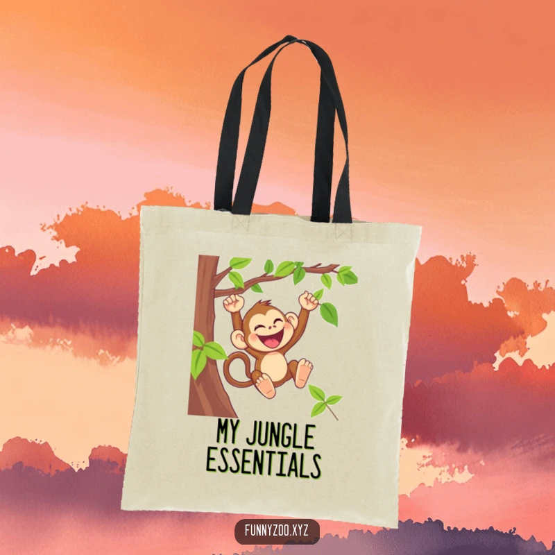 Funny monkey tote bag featuring a laughing primate swinging from a vine, great for everyday use.