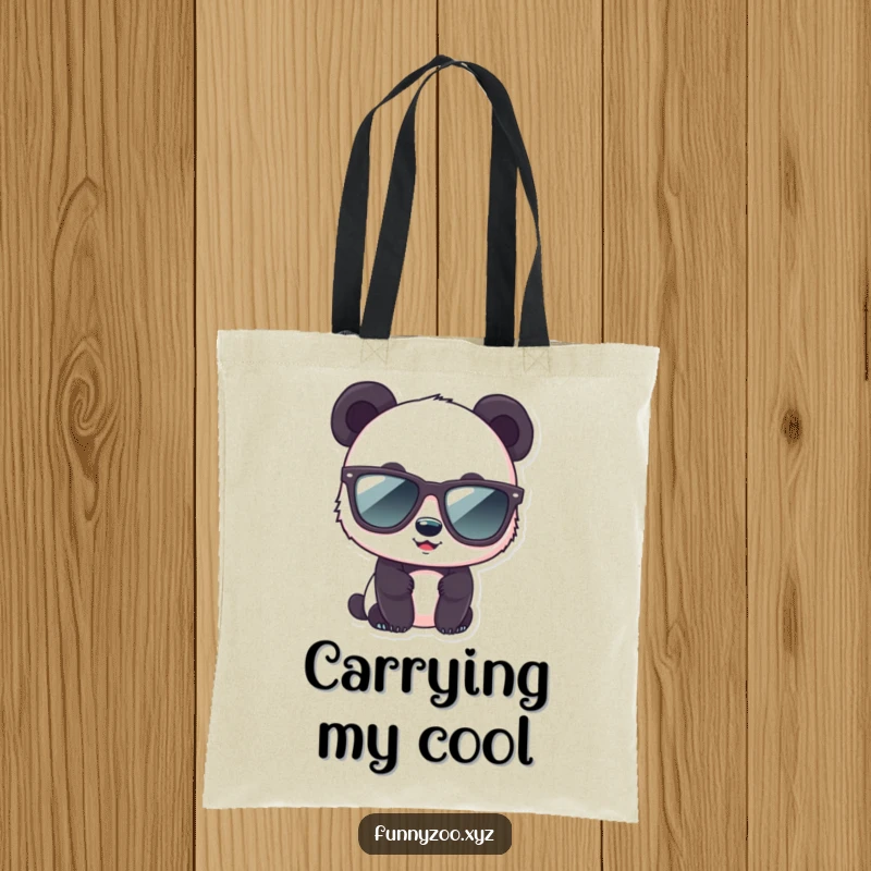 Funny panda tote bag with a cute bear character wearing impressively large sunglasses.