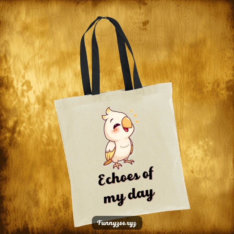 Funny parrot tote bag with a smiling bird character making a comically funny sound.