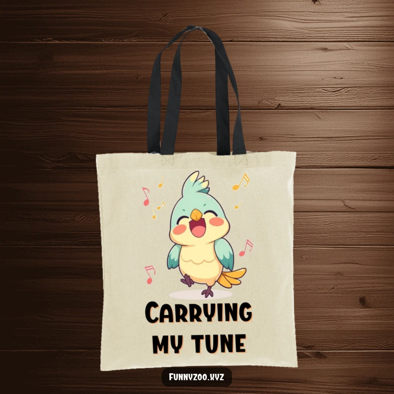 Funny Parrot Tote Bag: A joyful parrot squawking loudly surrounded by music notes.
