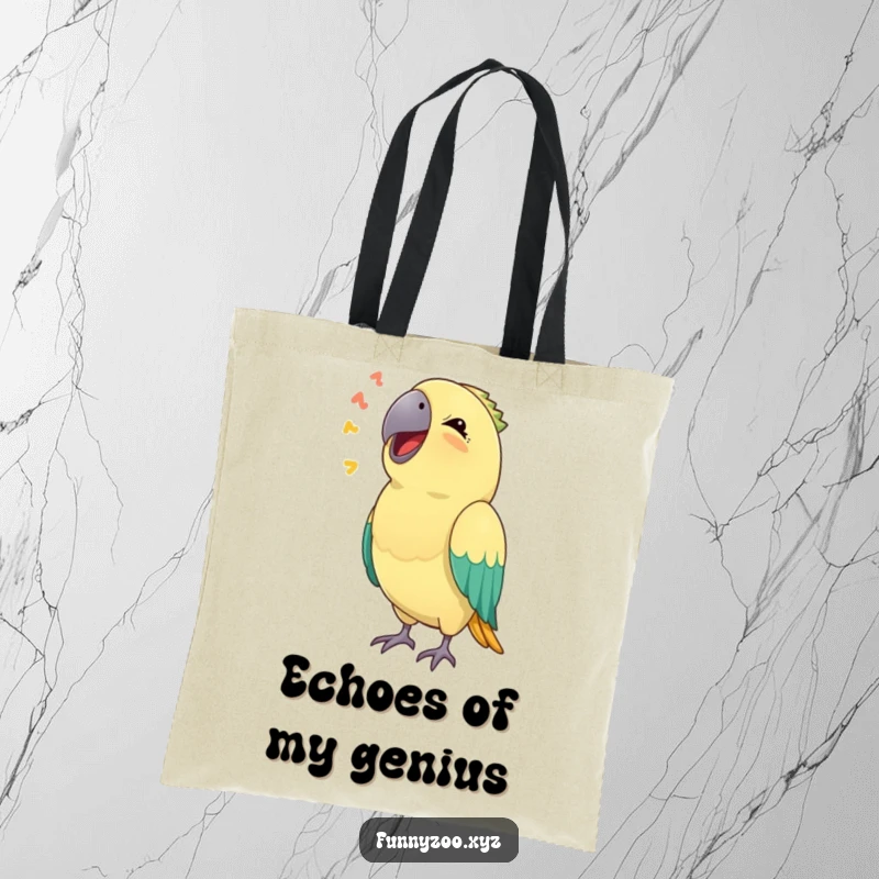 Funny tote bag illustration of a parrot hilariously copying a sound, a humorous and eye-catching accessory.