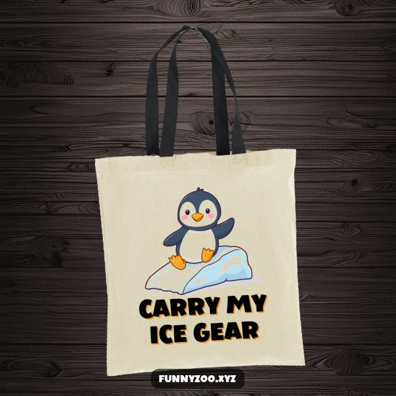 Funny Tote Bag: Playful penguin sliding down an ice slide, a humorous and practical accessory for everyday use.
