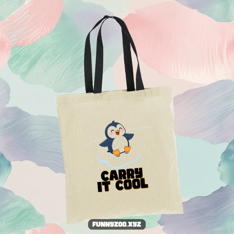 Funny cartoon penguin sliding down an icy slope on a durable tote bag. Ideal for carrying essentials.