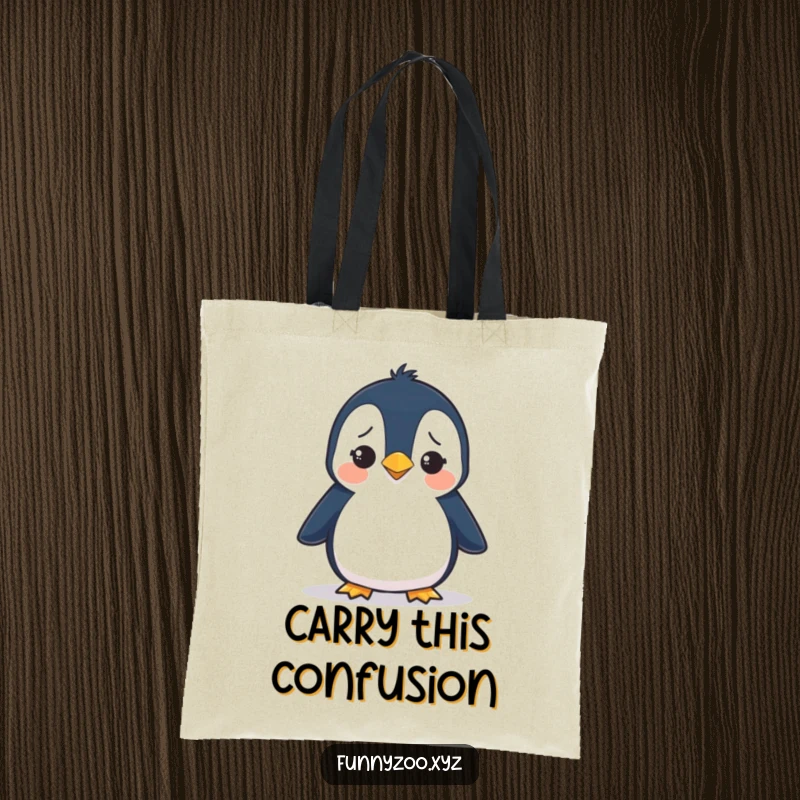 Funny tote bag depicting a penguin waddling with a confused look, perfect for carrying items with a touch of humor.