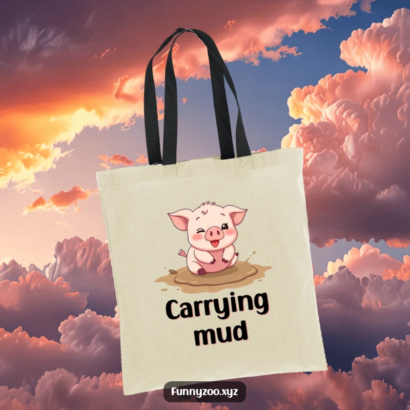 Funny piglet tote bag, character happily rolling in a mud puddle, silly and practical, ideal funny gift.