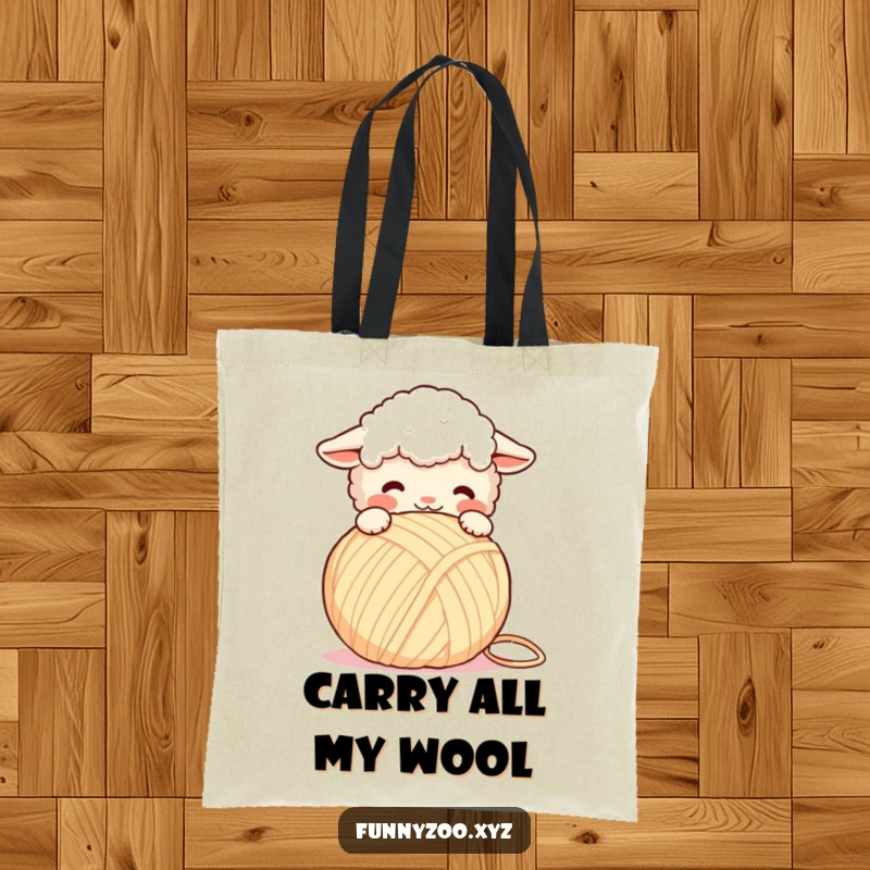 Funny Tote Bag: Fluffy sheep playfully headbutting a giant yarn ball, a humorous and practical accessory for crafters.