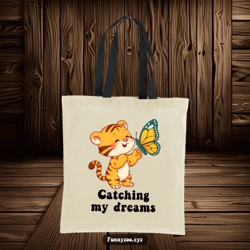 Funny Tiger Tote Bag: A playful tiger attempting to bat a huge butterfly.