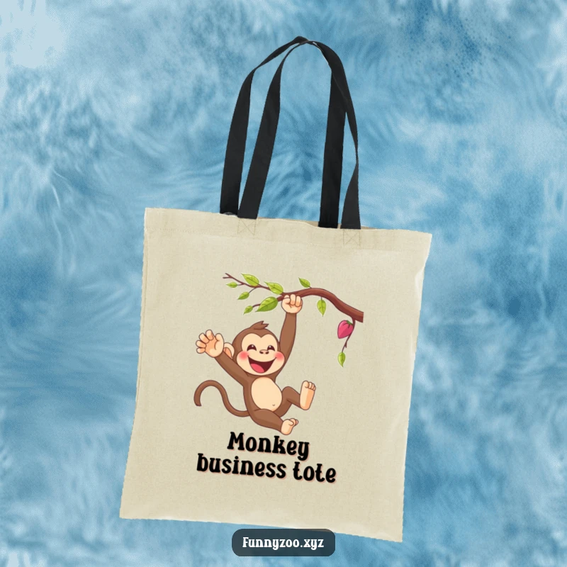 Funny cartoon monkey swinging from a vine on a spacious tote bag, ideal for shopping and daily use.