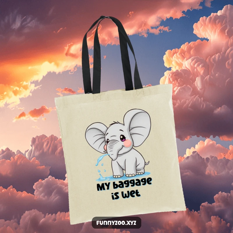 Funny tote bag featuring a surprised elephant with comically large ears, playfully spraying water, perfect for shopping.