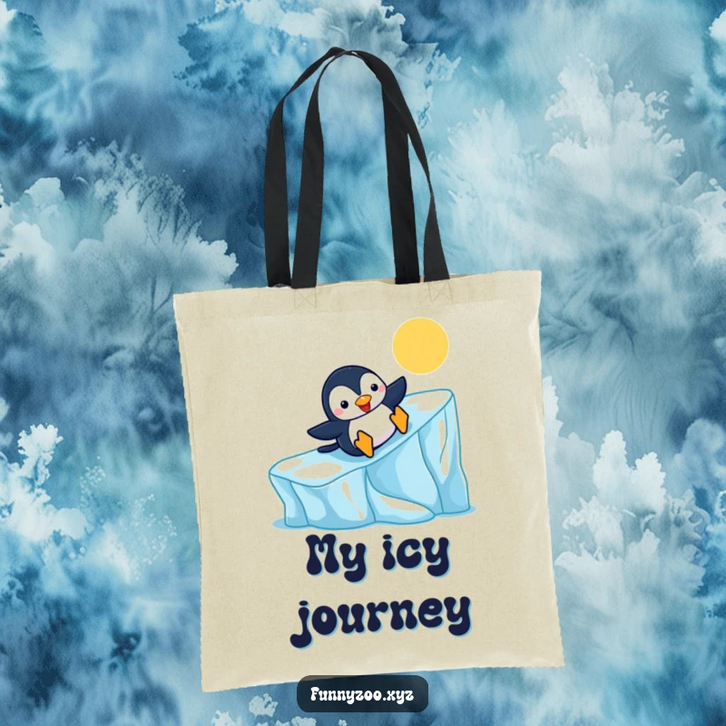 Funny Penguin Tote Bag sliding down a colorful iceberg, perfect for carrying essentials with cheer, a great funny gift.