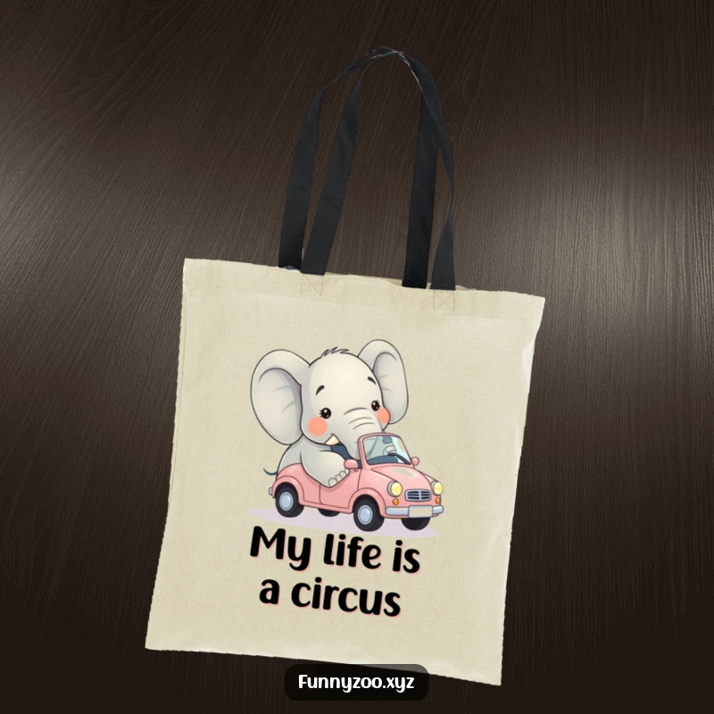 Funny tote bag illustrating a giant elephant attempting to fit into a tiny car, conveying maximum comical struggle.